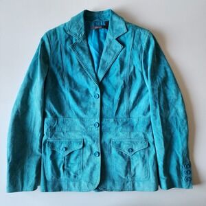 LIZ‎ CLAIBORNE Genuine Leather Jacket Womens Small Turquoise Suede Preppy Happy